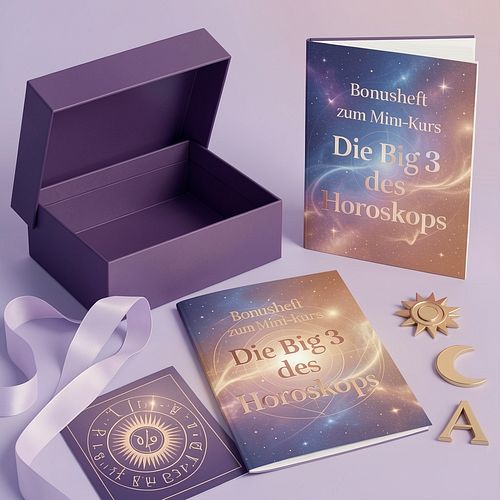 Bonusheft zum Mini-Kurs Die Big 3 des Horoskops — auf flieder-farbener Box mit goldenen Astro-Symbolen
